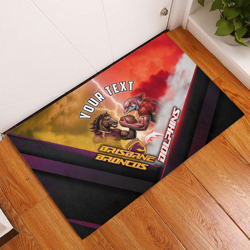 Personalized Brisbane Broncos vs Dolphins Rubber Doormat Battle Epic Lightning Storm Mascot