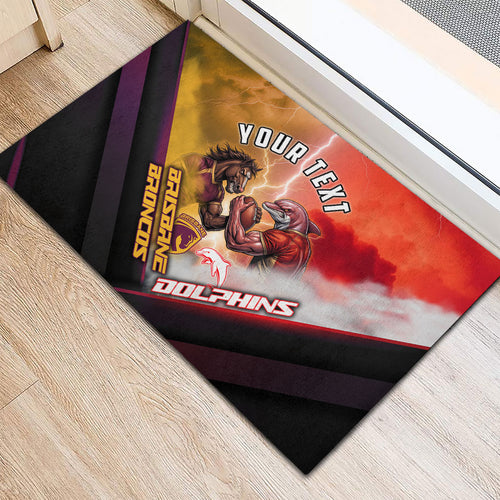 Personalized Brisbane Broncos vs Dolphins Rubber Doormat Battle Epic Lightning Storm Mascot