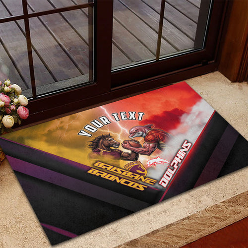 Personalized Brisbane Broncos vs Dolphins Rubber Doormat Battle Epic Lightning Storm Mascot