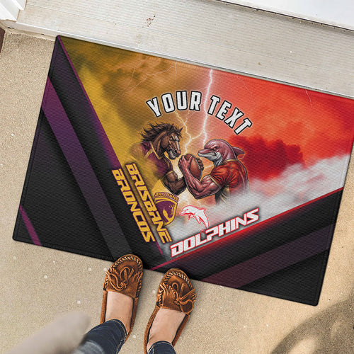 Personalized Brisbane Broncos vs Dolphins Rubber Doormat Battle Epic Lightning Storm Mascot