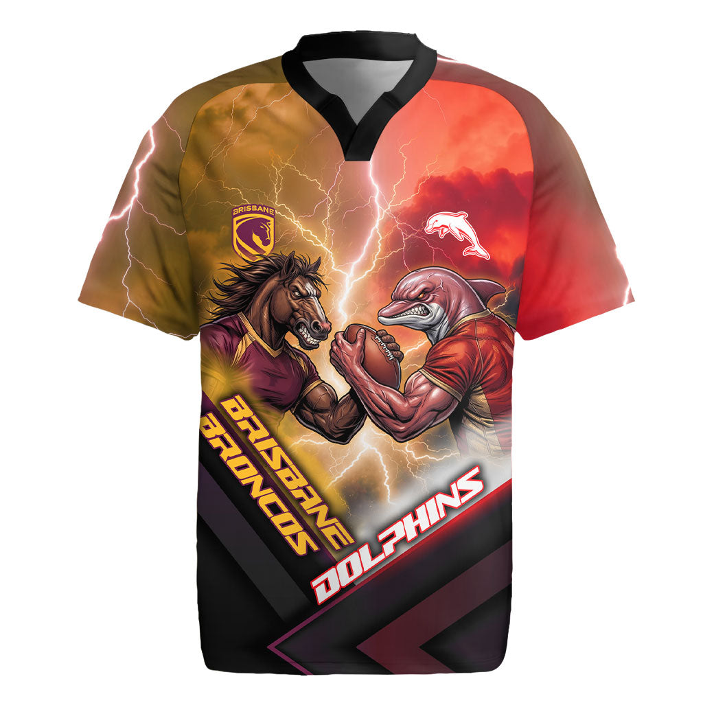 Personalized Brisbane Broncos vs Dolphins Rugby Jersey Battle Epic Lightning Storm Mascot