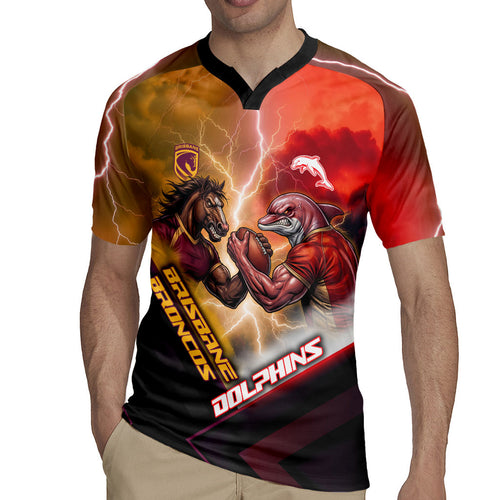 Personalized Brisbane Broncos vs Dolphins Rugby Jersey Battle Epic Lightning Storm Mascot