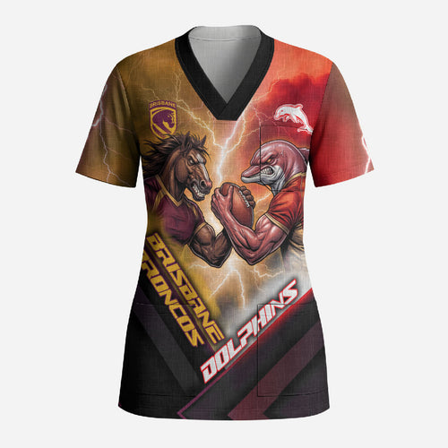 Personalized Brisbane Broncos vs Dolphins Scrub Top Battle Epic Lightning Storm Mascot