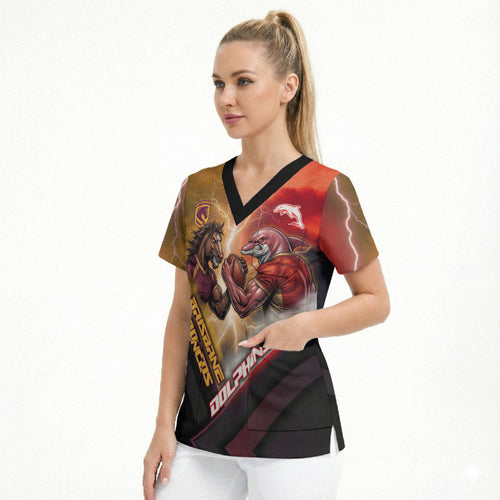 Personalized Brisbane Broncos vs Dolphins Scrub Top Battle Epic Lightning Storm Mascot