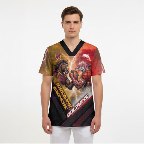 Personalized Brisbane Broncos vs Dolphins Scrub Top Battle Epic Lightning Storm Mascot