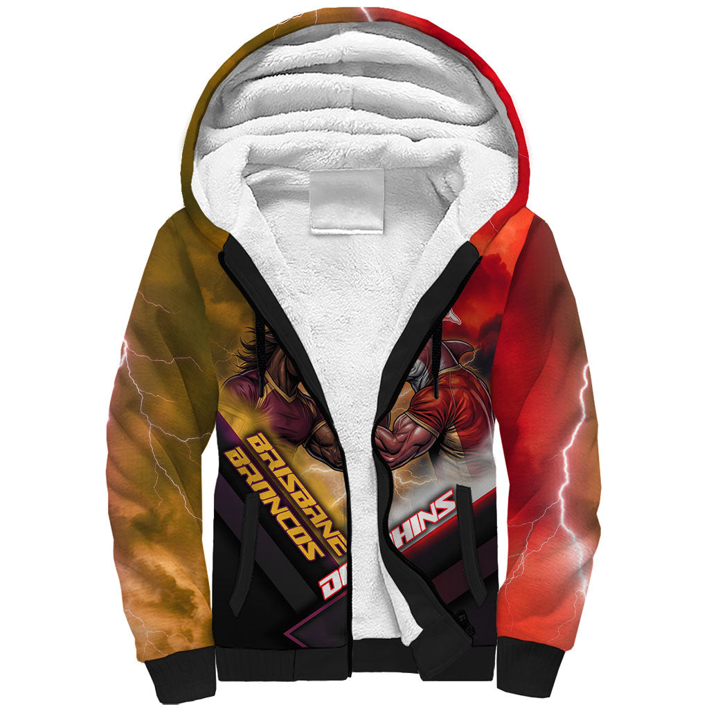 Personalized Brisbane Broncos vs Dolphins Sherpa Hoodie Battle Epic Lightning Storm Mascot