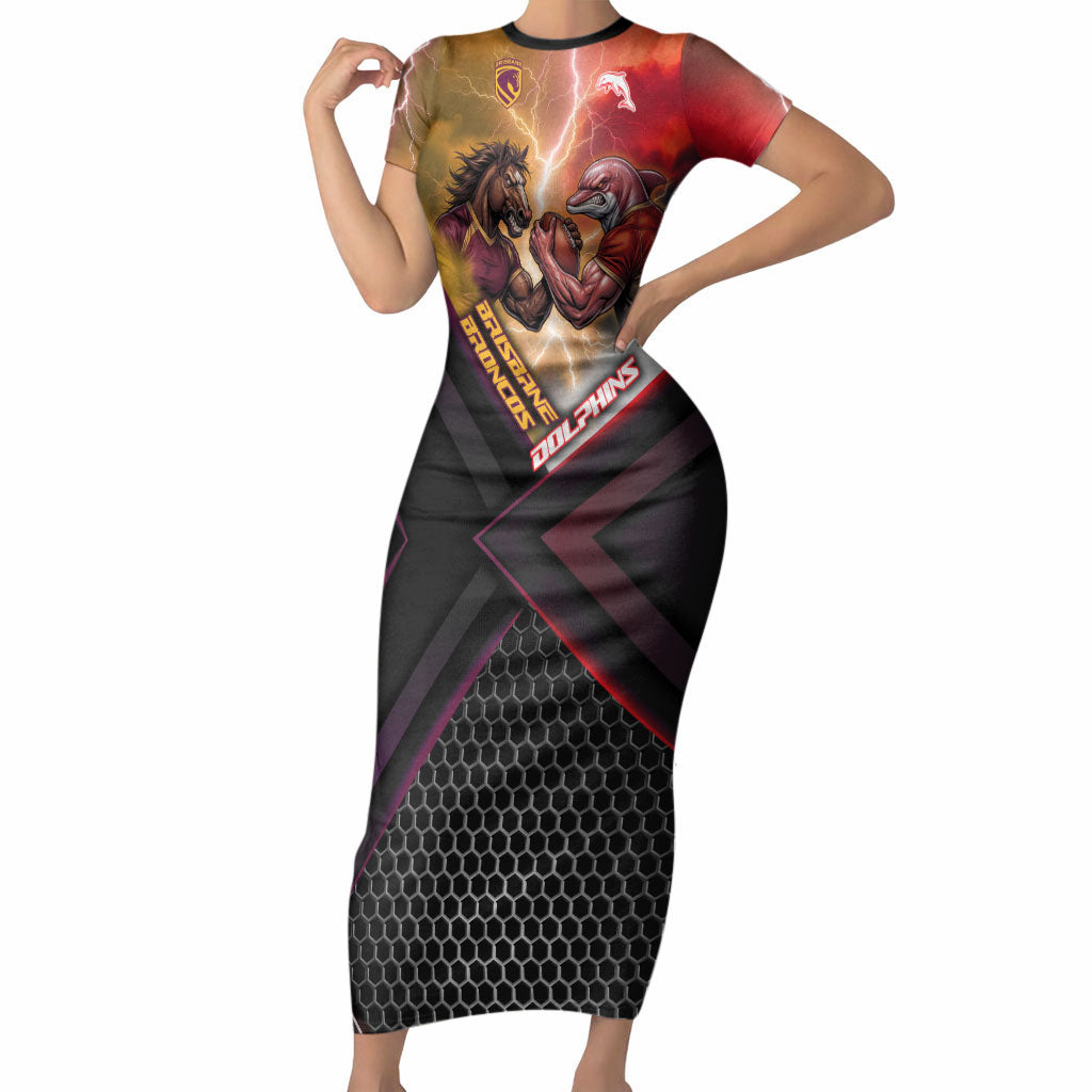 Personalized Brisbane Broncos vs Dolphins Short Sleeve Bodycon Dress Battle Epic Lightning Storm Mascot