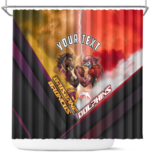 Personalized Brisbane Broncos vs Dolphins Shower Curtain Battle Epic Lightning Storm Mascot
