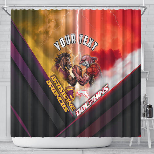 Personalized Brisbane Broncos vs Dolphins Shower Curtain Battle Epic Lightning Storm Mascot