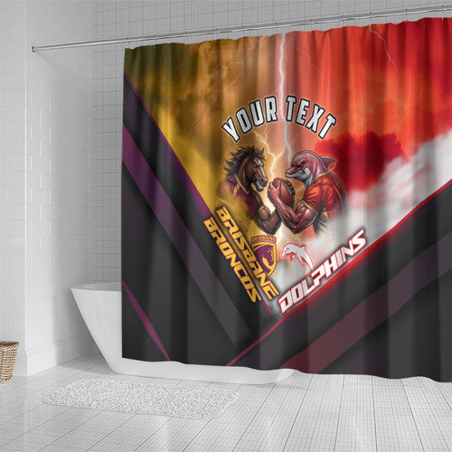 Personalized Brisbane Broncos vs Dolphins Shower Curtain Battle Epic Lightning Storm Mascot