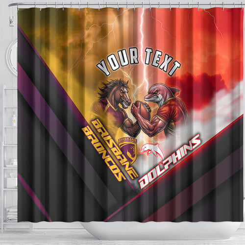 Personalized Brisbane Broncos vs Dolphins Shower Curtain Battle Epic Lightning Storm Mascot