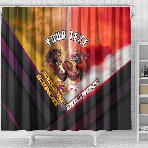 Personalized Brisbane Broncos vs Dolphins Shower Curtain Battle Epic Lightning Storm Mascot