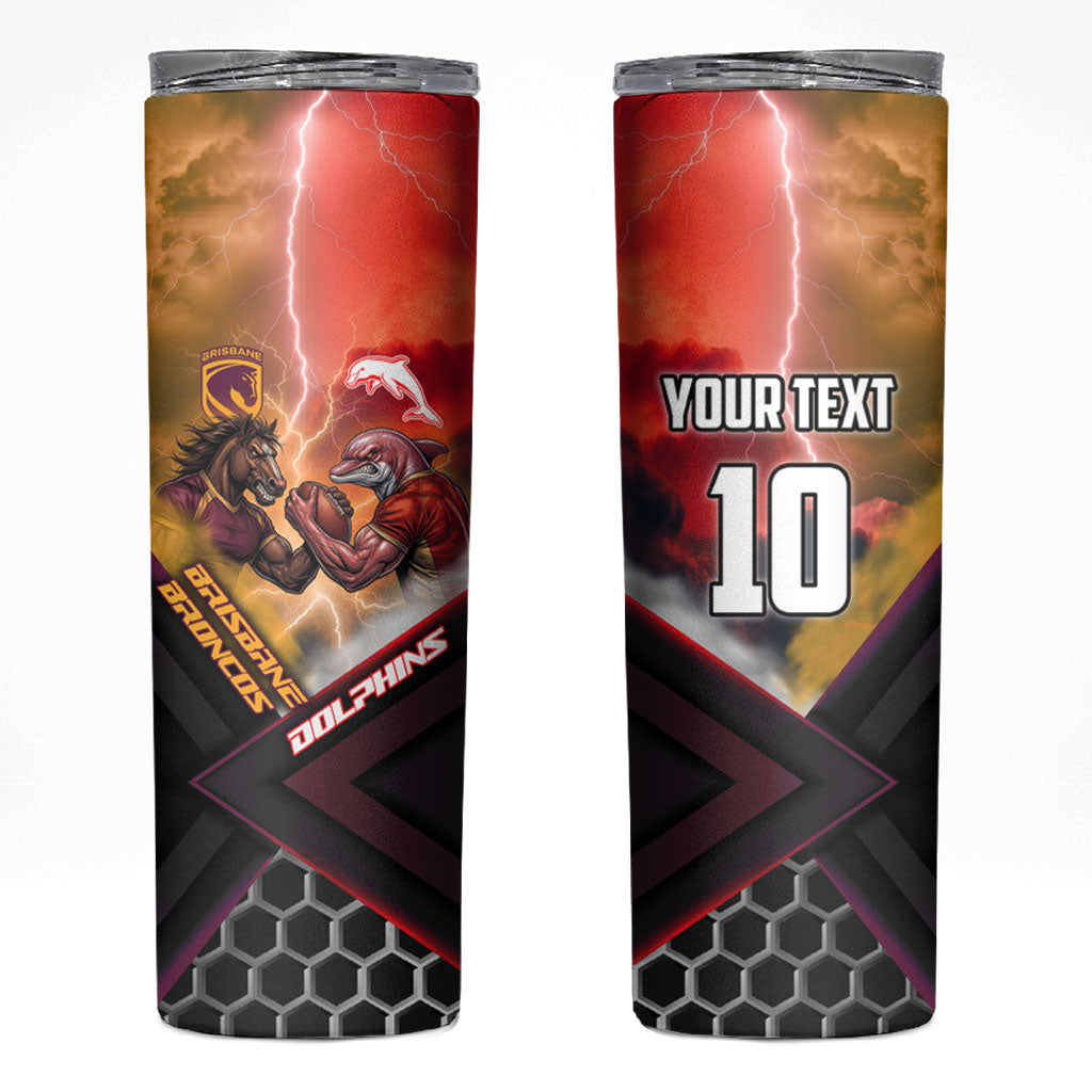 Personalized Brisbane Broncos vs Dolphins Skinny Tumbler Battle Epic Lightning Storm Mascot
