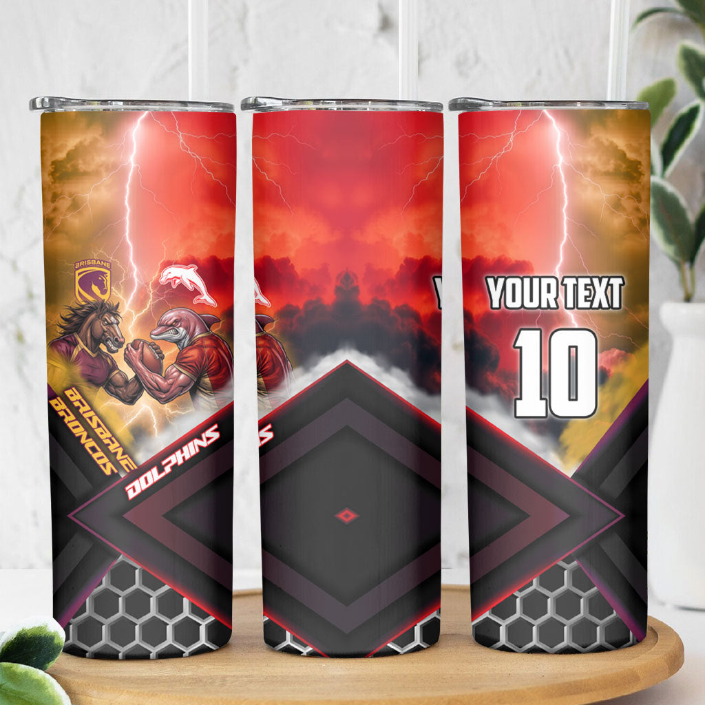 Personalized Brisbane Broncos vs Dolphins Skinny Tumbler Battle Epic Lightning Storm Mascot