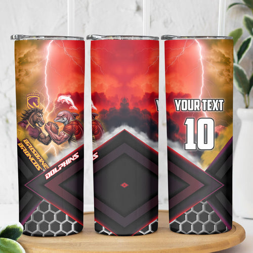 Personalized Brisbane Broncos vs Dolphins Skinny Tumbler Battle Epic Lightning Storm Mascot