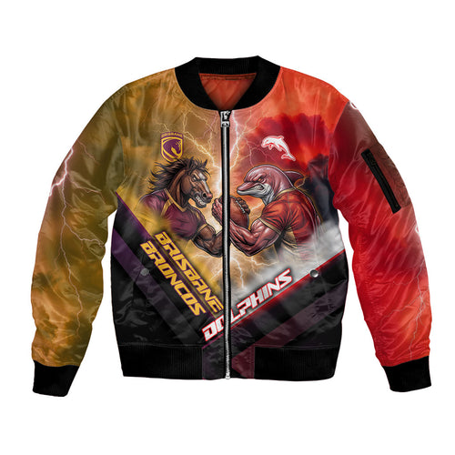 Personalized Brisbane Broncos vs Dolphins Sleeve Zip Bomber Jacket Battle Epic Lightning Storm Mascot