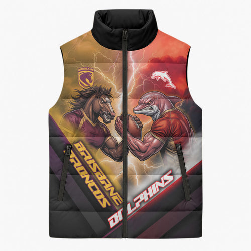 Personalized Brisbane Broncos vs Dolphins Sleeveless Puffer Jacket Battle Epic Lightning Storm Mascot
