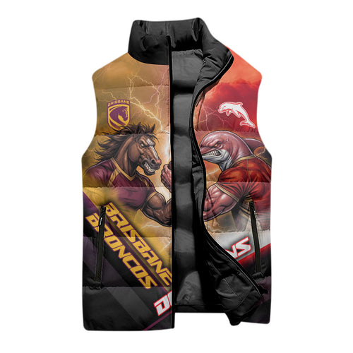 Personalized Brisbane Broncos vs Dolphins Sleeveless Puffer Jacket Battle Epic Lightning Storm Mascot