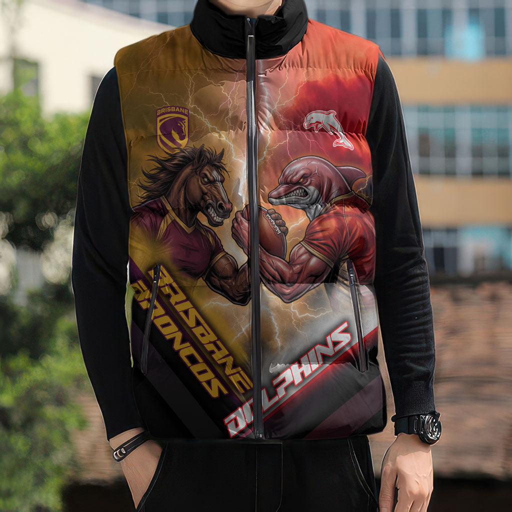 Personalized Brisbane Broncos vs Dolphins Sleeveless Puffer Jacket Battle Epic Lightning Storm Mascot