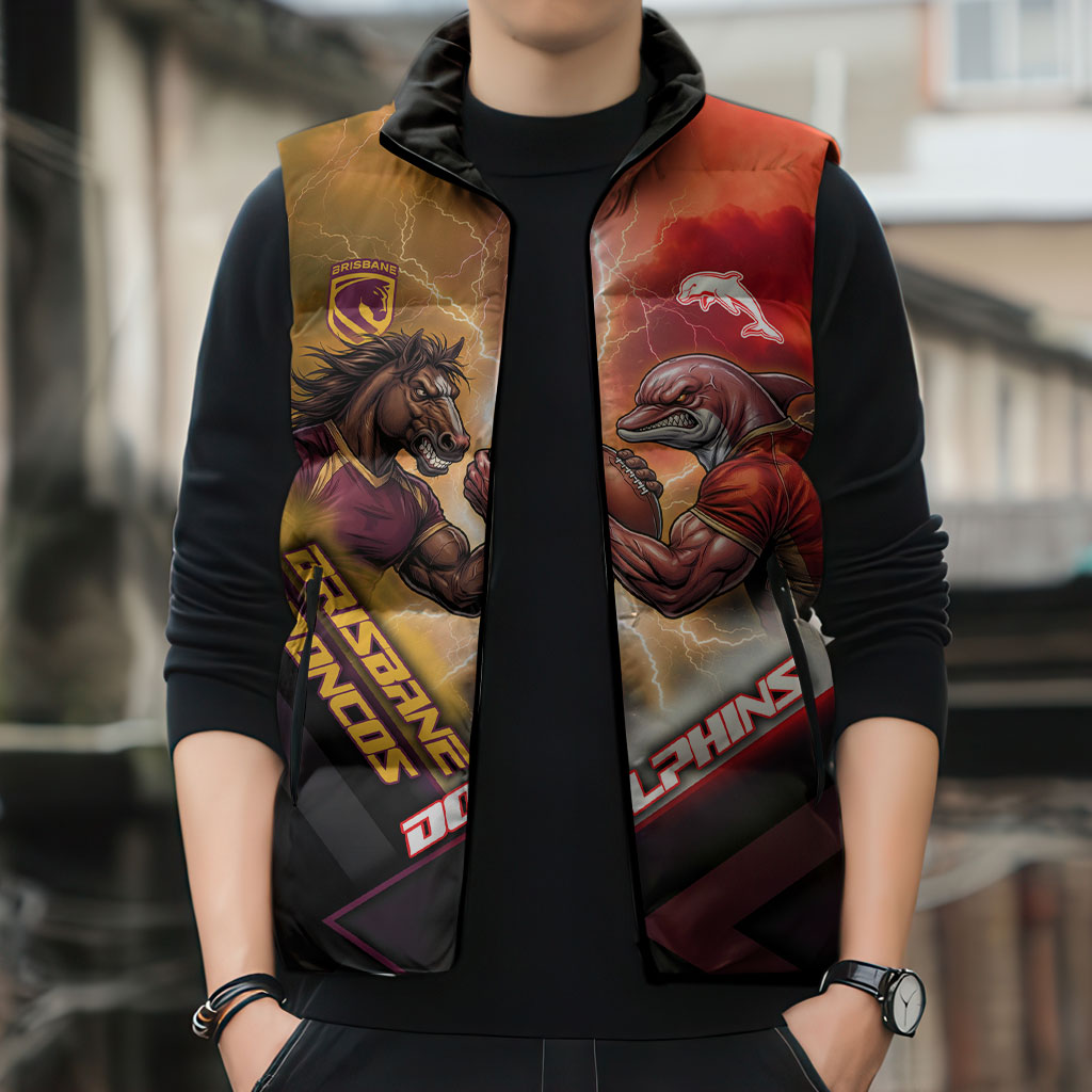 Personalized Brisbane Broncos vs Dolphins Sleeveless Puffer Jacket Battle Epic Lightning Storm Mascot