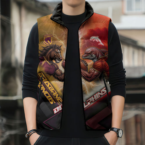 Personalized Brisbane Broncos vs Dolphins Sleeveless Puffer Jacket Battle Epic Lightning Storm Mascot