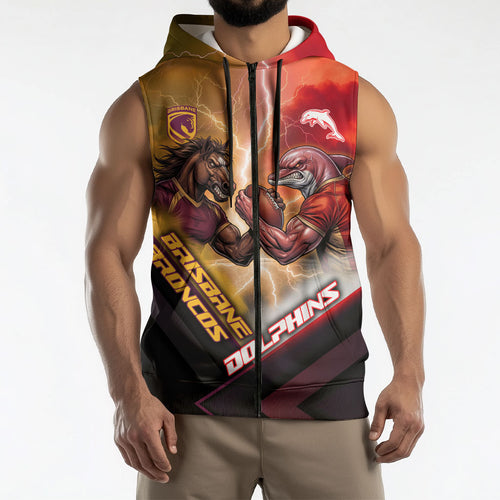 Personalized Brisbane Broncos vs Dolphins Sleeveless Zip Hoodie Battle Epic Lightning Storm Mascot