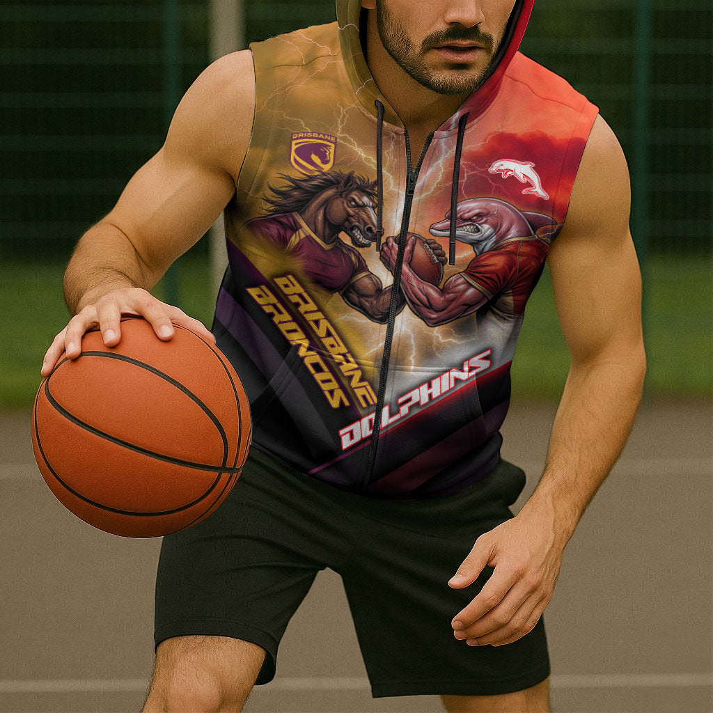 Personalized Brisbane Broncos vs Dolphins Sleeveless Zip Hoodie Battle Epic Lightning Storm Mascot