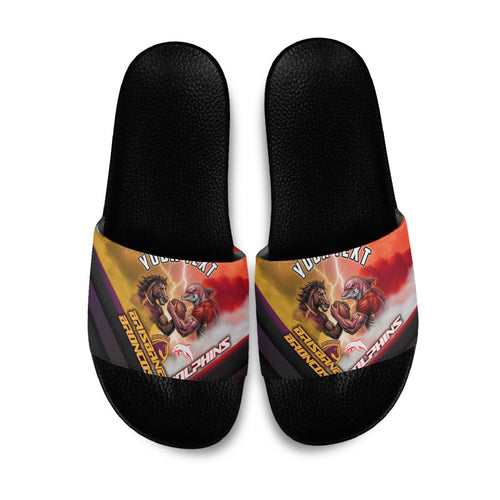 Personalized Brisbane Broncos vs Dolphins Slide Sandals Battle Epic Lightning Storm Mascot