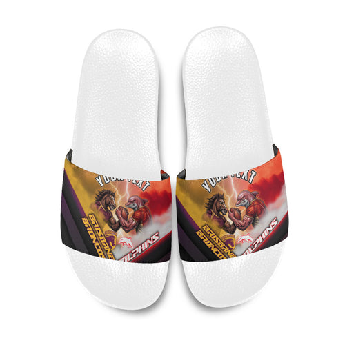 Personalized Brisbane Broncos vs Dolphins Slide Sandals Battle Epic Lightning Storm Mascot