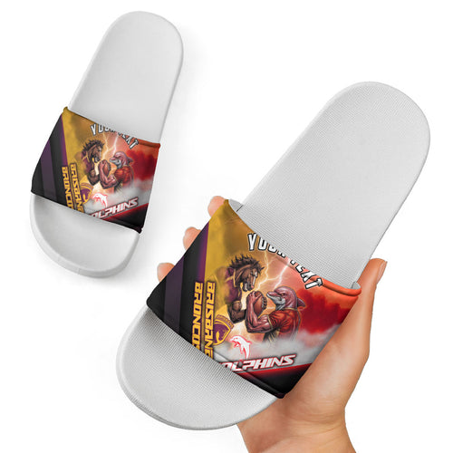Personalized Brisbane Broncos vs Dolphins Slide Sandals Battle Epic Lightning Storm Mascot