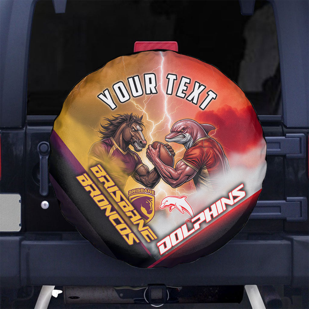 Personalized Brisbane Broncos vs Dolphins Spare Tire Cover Battle Epic Lightning Storm Mascot