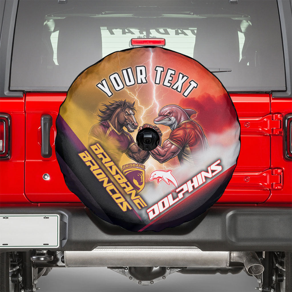 Personalized Brisbane Broncos vs Dolphins Spare Tire Cover Battle Epic Lightning Storm Mascot
