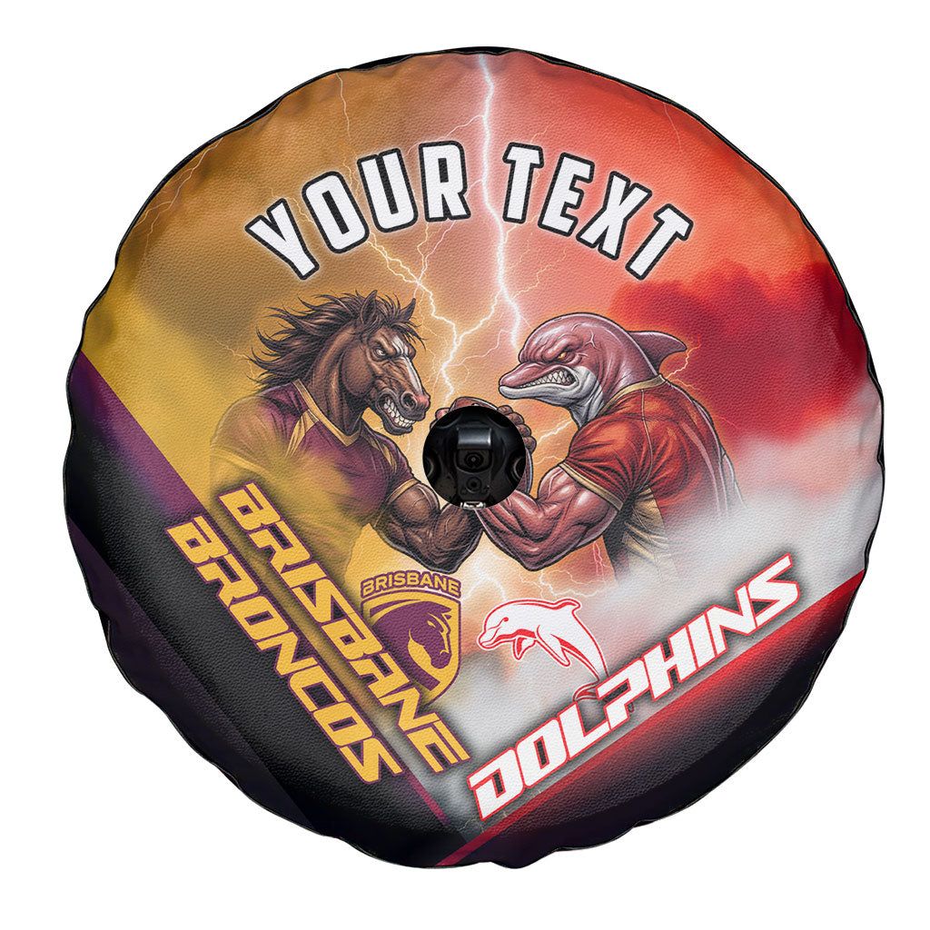 Personalized Brisbane Broncos vs Dolphins Spare Tire Cover Battle Epic Lightning Storm Mascot