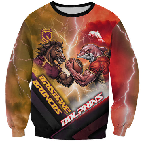 Personalized Brisbane Broncos vs Dolphins Sweatshirt Battle Epic Lightning Storm Mascot