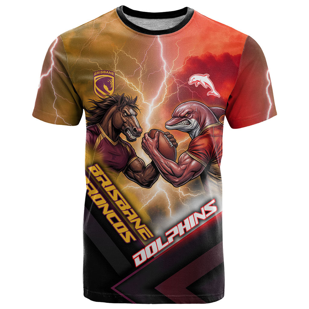 Personalized Brisbane Broncos vs Dolphins T Shirt Battle Epic Lightning Storm Mascot