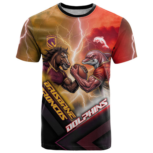 Personalized Brisbane Broncos vs Dolphins T Shirt Battle Epic Lightning Storm Mascot