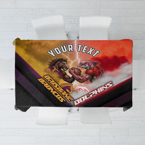 Personalized Brisbane Broncos vs Dolphins Tablecloth Battle Epic Lightning Storm Mascot