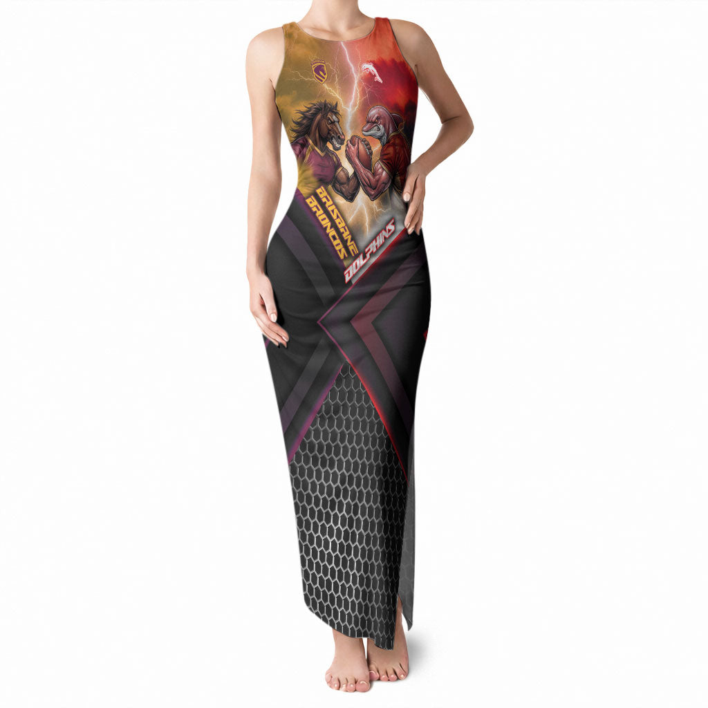 Personalized Brisbane Broncos vs Dolphins Tank Maxi Dress Battle Epic Lightning Storm Mascot