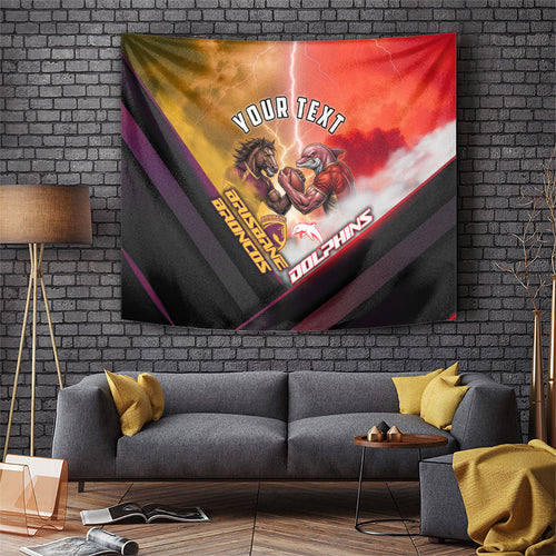 Personalized Brisbane Broncos vs Dolphins Tapestry Battle Epic Lightning Storm Mascot