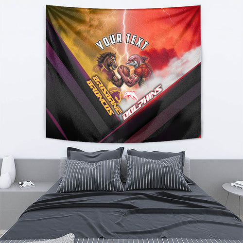 Personalized Brisbane Broncos vs Dolphins Tapestry Battle Epic Lightning Storm Mascot