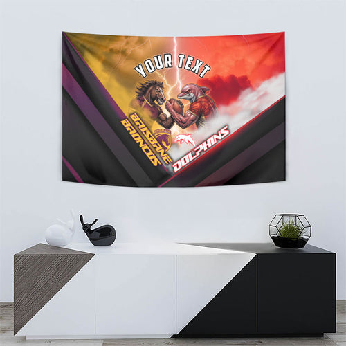 Personalized Brisbane Broncos vs Dolphins Tapestry Battle Epic Lightning Storm Mascot