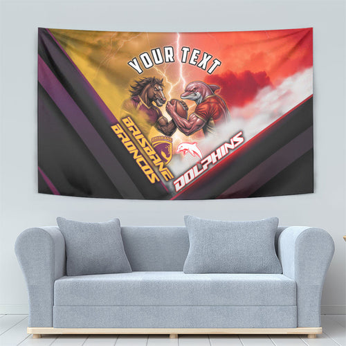 Personalized Brisbane Broncos vs Dolphins Tapestry Battle Epic Lightning Storm Mascot