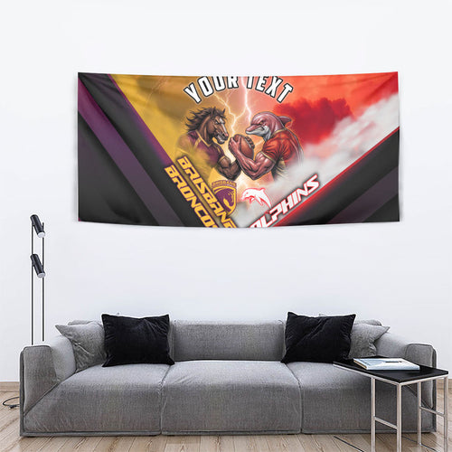 Personalized Brisbane Broncos vs Dolphins Tapestry Battle Epic Lightning Storm Mascot