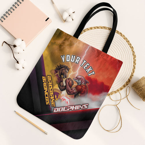 Personalized Brisbane Broncos vs Dolphins Tote Bag Battle Epic Lightning Storm Mascot