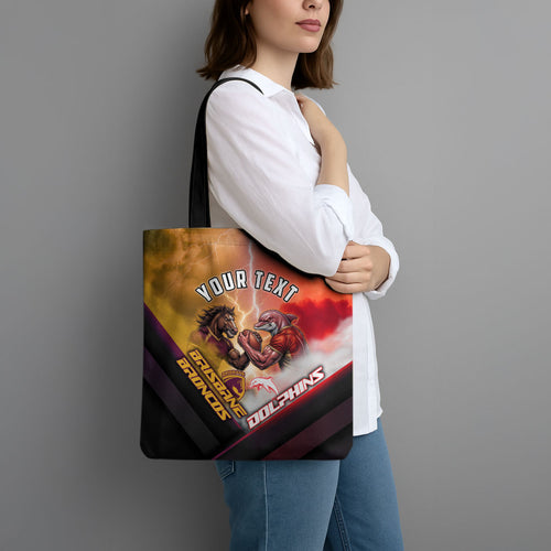 Personalized Brisbane Broncos vs Dolphins Tote Bag Battle Epic Lightning Storm Mascot
