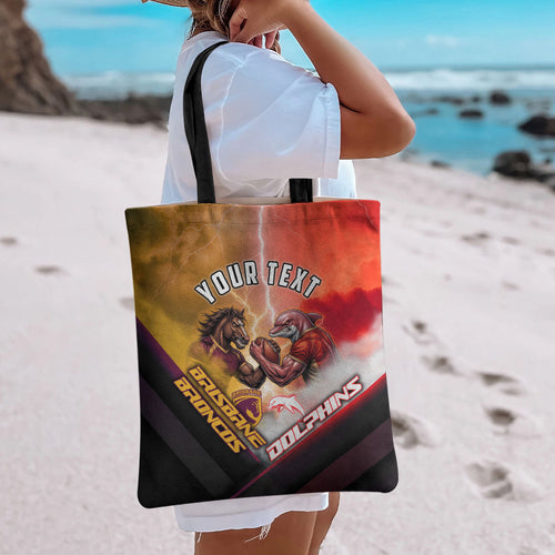 Personalized Brisbane Broncos vs Dolphins Tote Bag Battle Epic Lightning Storm Mascot