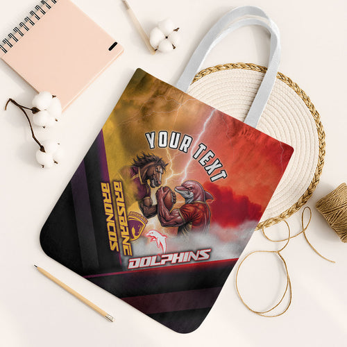 Personalized Brisbane Broncos vs Dolphins Tote Bag Battle Epic Lightning Storm Mascot