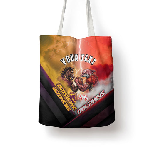 Personalized Brisbane Broncos vs Dolphins Tote Bag Battle Epic Lightning Storm Mascot