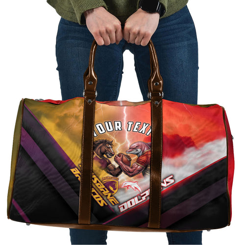 Personalized Brisbane Broncos vs Dolphins Travel Bag Battle Epic Lightning Storm Mascot