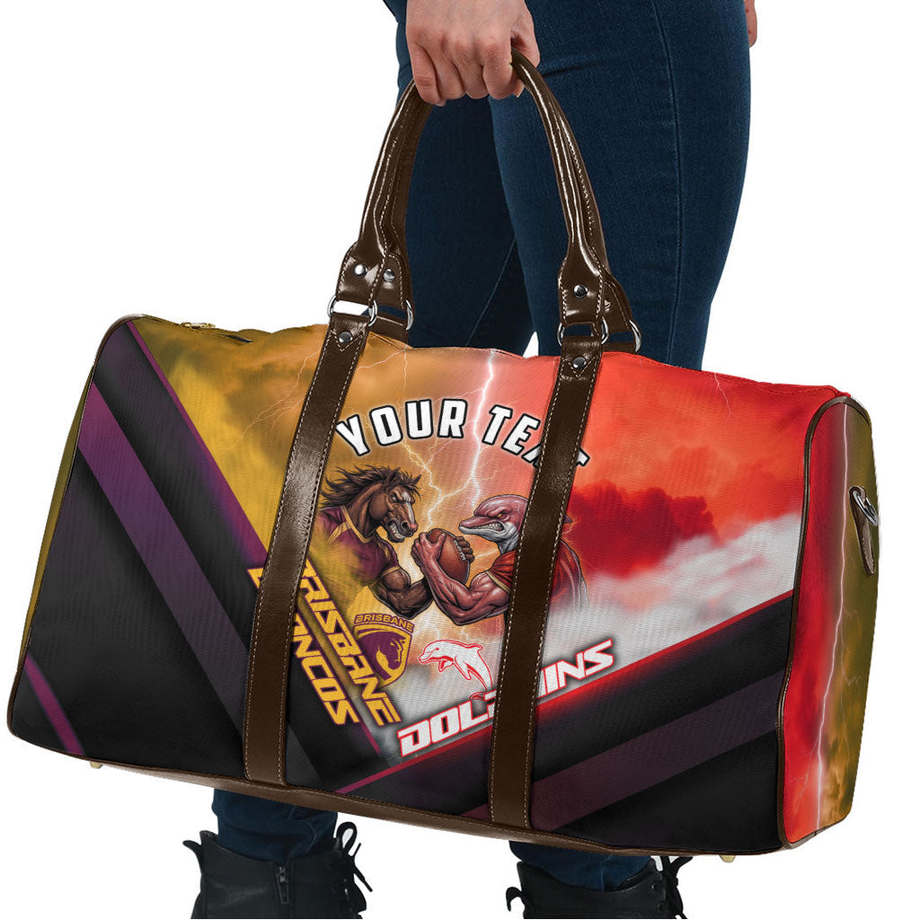 Personalized Brisbane Broncos vs Dolphins Travel Bag Battle Epic Lightning Storm Mascot